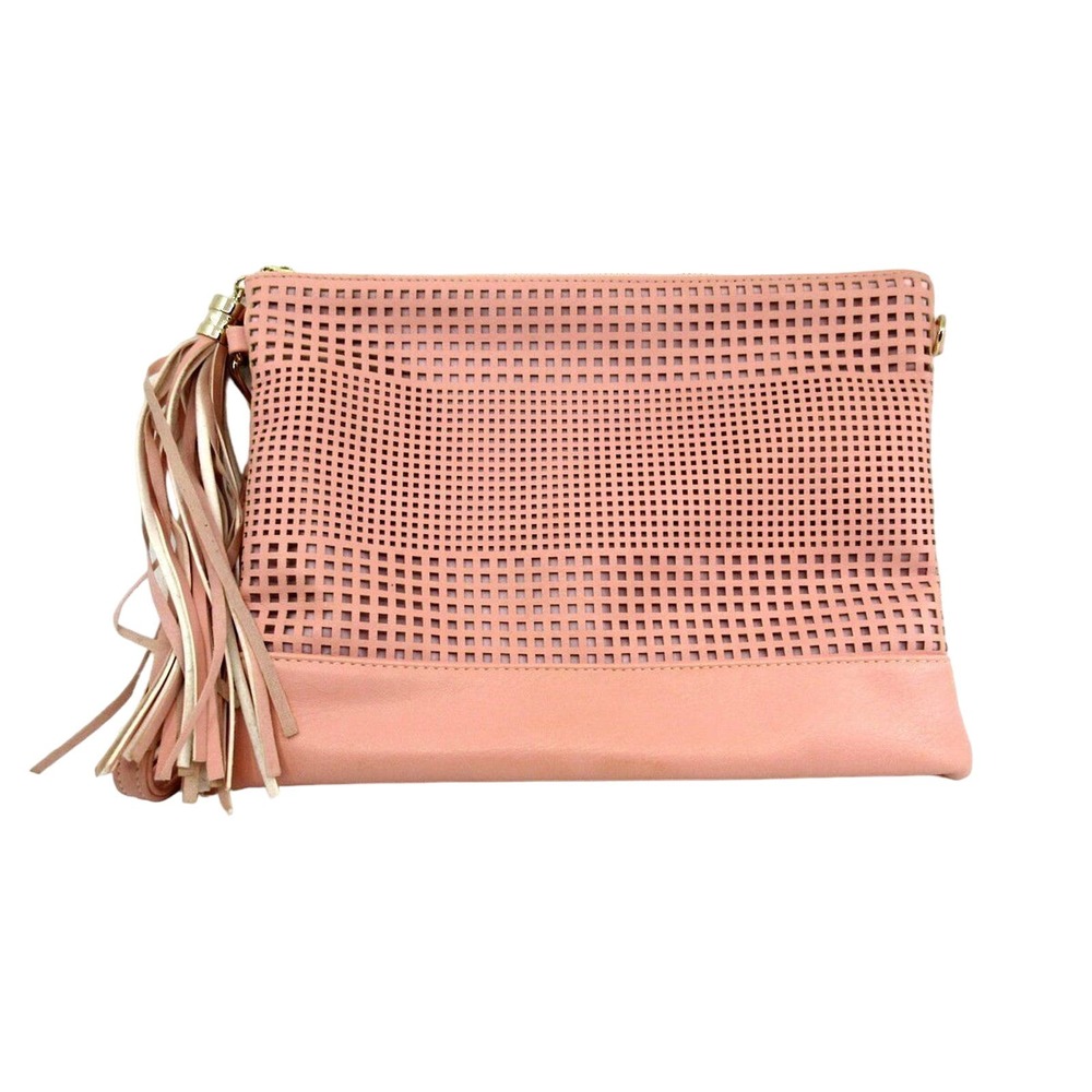 New Directions Pink Clutch Bag Purse Faux Leather Waffle Design Tassels
